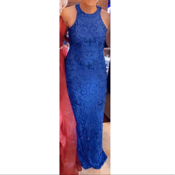 Parker Black Royal Blue Halter Embroidered Gown - Picture 2 of 8
